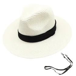 Womens Mens Wide Brim Straw Panama Hat Summer Travel Beach Sun Visor Hat Foldable Fedora Hat with Black Ribbon