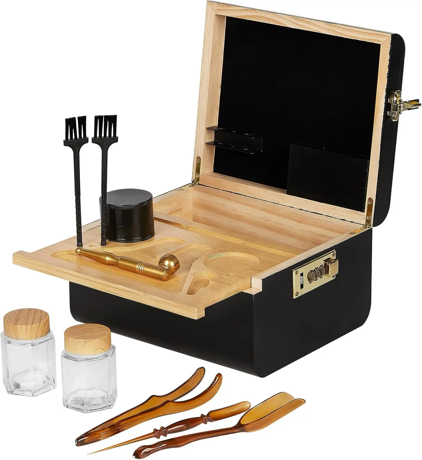 Bamboo Box Tray Set with Combination Lock, Decorative Large Storage Box with Accessories, 2 Glass Jars, Tools Kit, for Gift