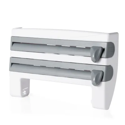 Wall Mounted 4-in-1 paper Towel Foil kitchen wrap Dispenser Cling Film Roll Holder Cutter with spice Storage Rack