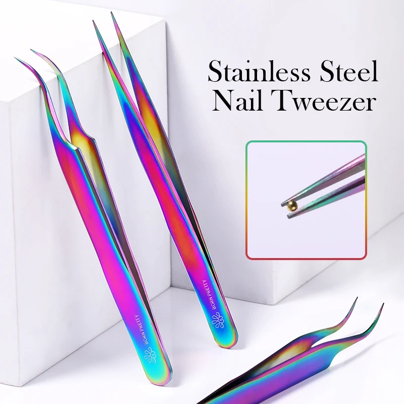 BORN PRETTY Beauty Tools Stainless Steel Straight Curved Nail Art Tweezer for Nail Stickers Decal Rhinestone Picker Tool