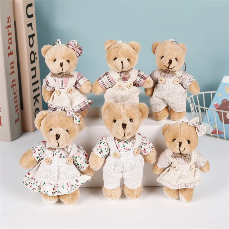 Cute Lovely Floral Cloth Flax Teddy Bear Dolls Toys Plush Keychain Couple Bear Keyring Lovers Friends Gift Bag Pendant Charm