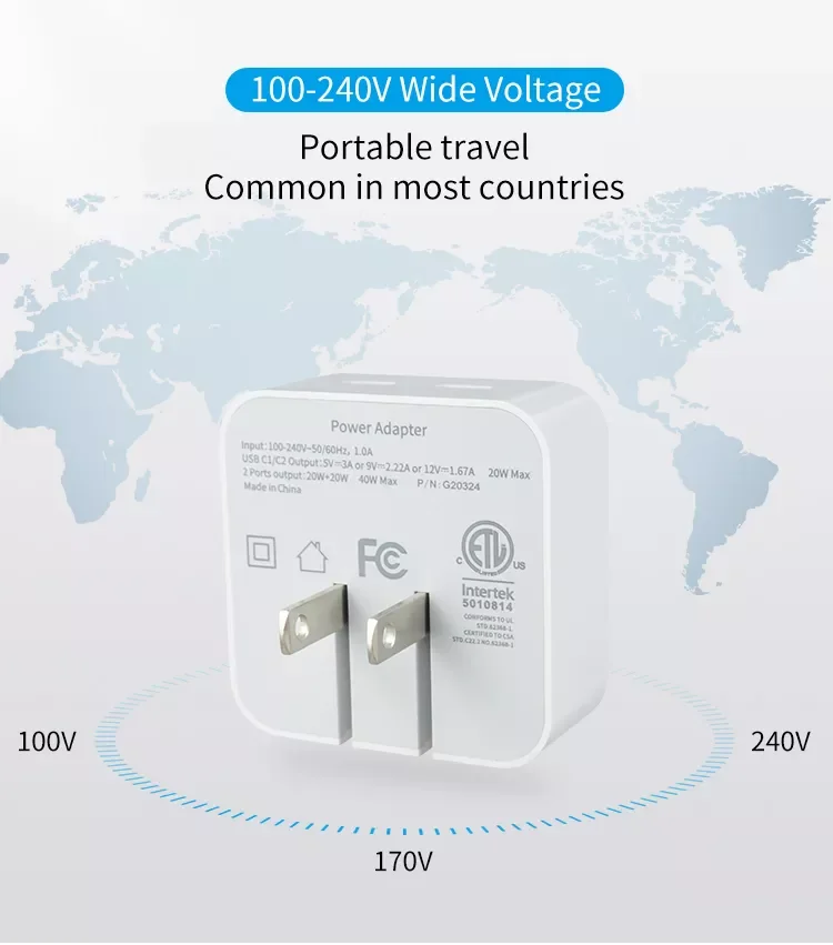 China Selling Gan 40W Double USB C Type-c Phone Quick Wall Charger Mobile Phone Chargers