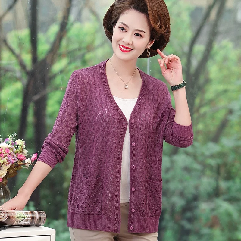 High quality sunscreen knitted cardigan female summer middle-aged woman spring and autumn shawl short thin coat