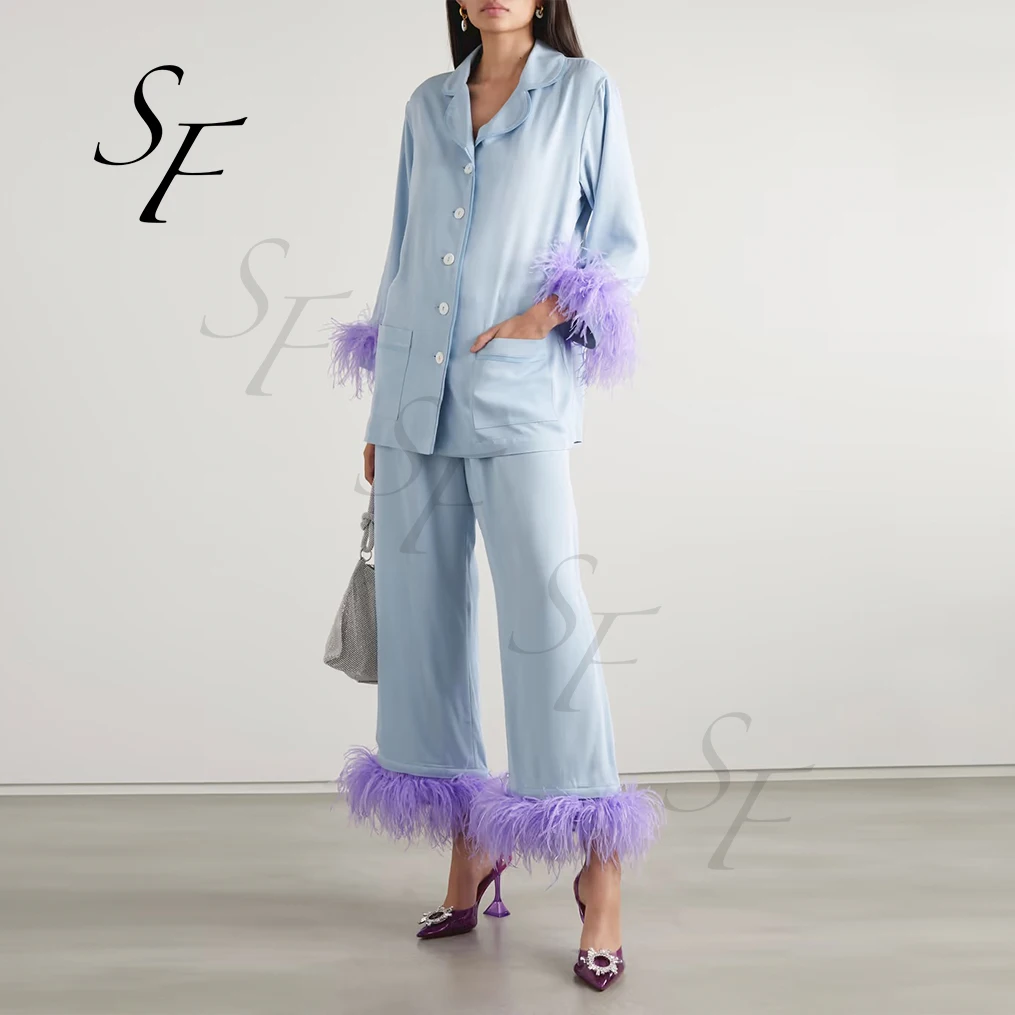 Custom 2 piece set long shirt and pants Pyjamas Set Cotton Ostrich Feather Sleepwear Women Pajamas