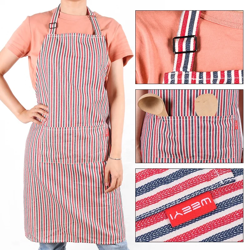 CHANGRONG Custom Men Women 2 Pockets Adjustable Bib black Stripes cotton chambray Kitchen Cooking Aprons