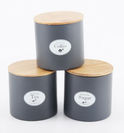 Deluxe black matt coating metal canister with airtight wood bamboo lid