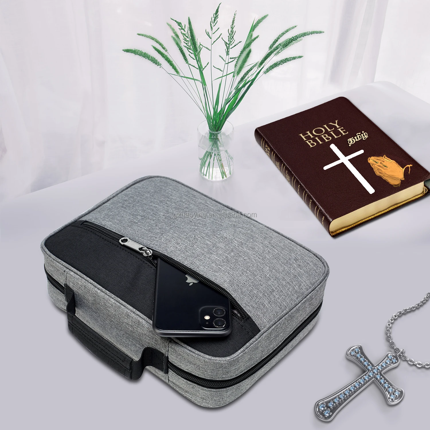 Bible Cover Carrying Book Case Church Bag Bible Protective with Handle Zipper Front Pocket Inner Mesh Pocket Grey&Black