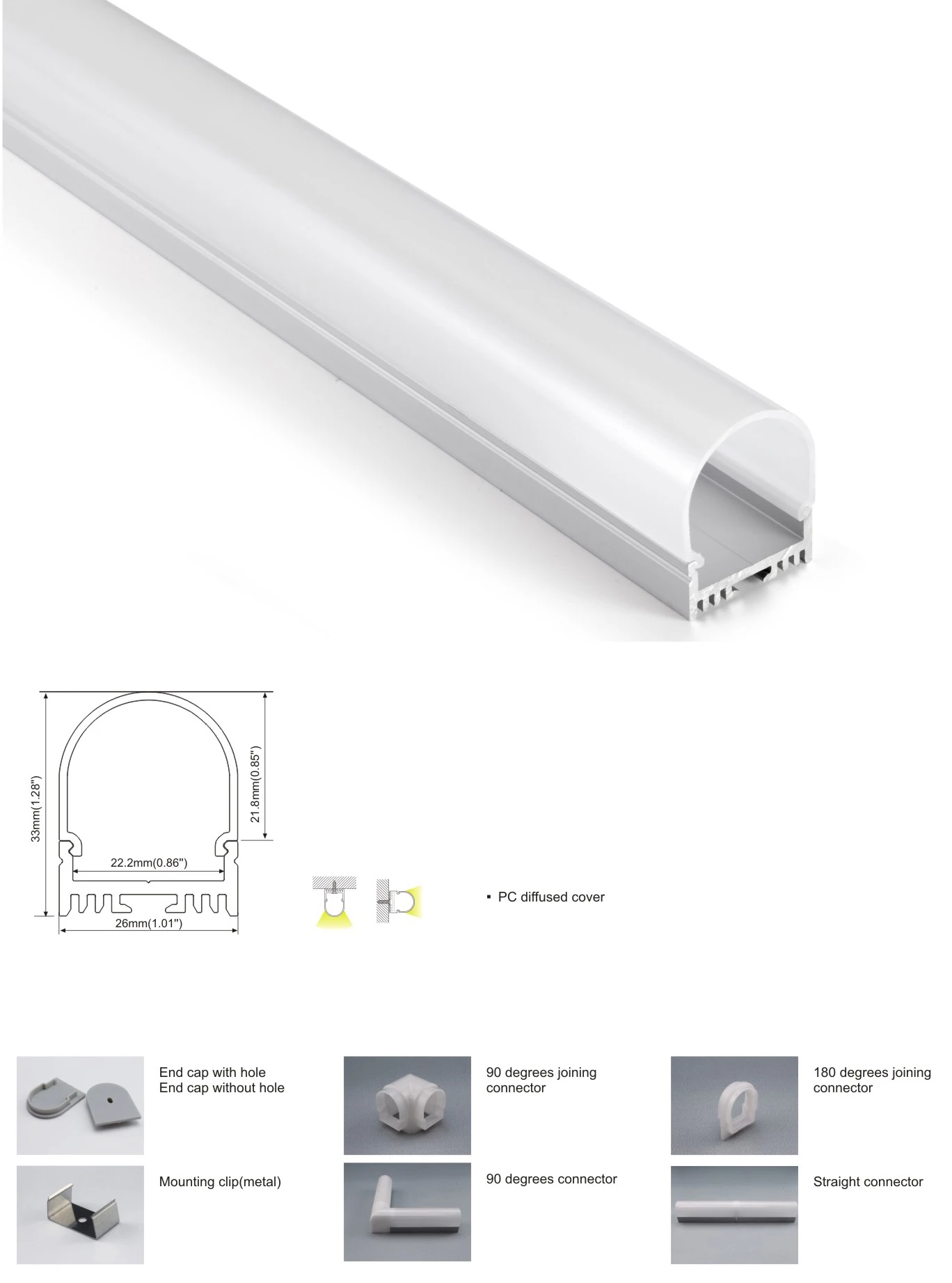24 x 15mm Aluminum LED Profile for LED Rigid Strip Lighting with Ceiling or Wall Mounting
