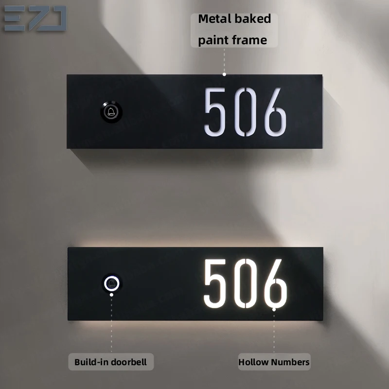 EZD Top and Bottom Grooved Illuminated Hollow-Out Numbers Luxury Residential Apartment House Room Door Sign with LED Doorbell