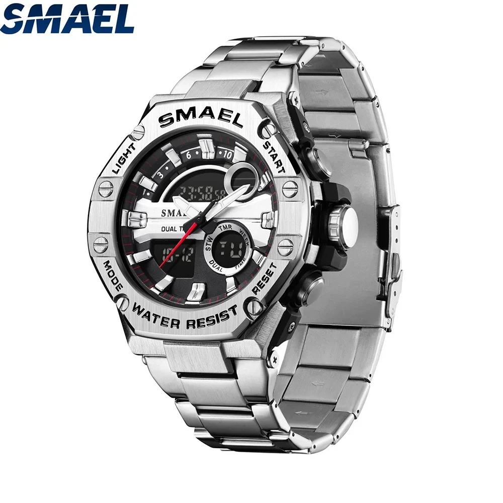 SMAEL Men Waterproof Alarm Clock Multifunctional Alloy Silver Steel Strip Dual Display Electronic Watches Male  Relojes 8090