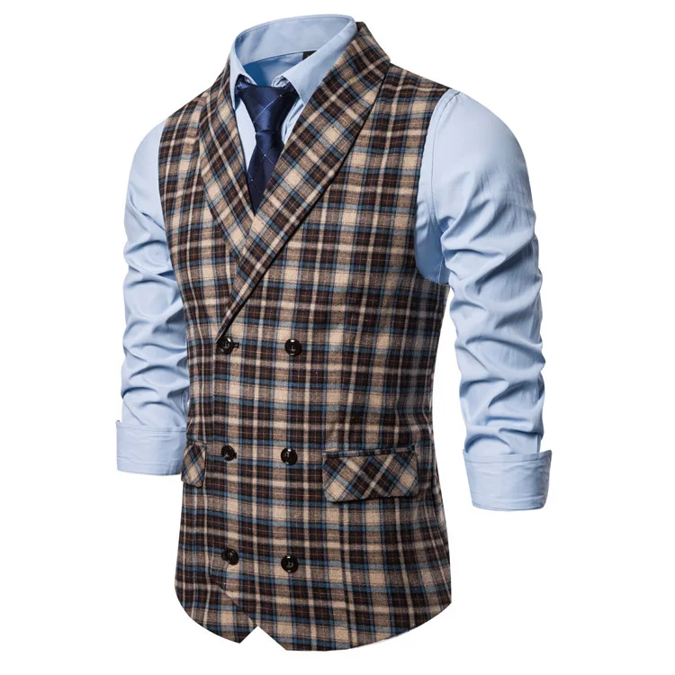 New Mens Regular Fit Waistcoat Classic Business Double Breasted Plaid Suit Vest