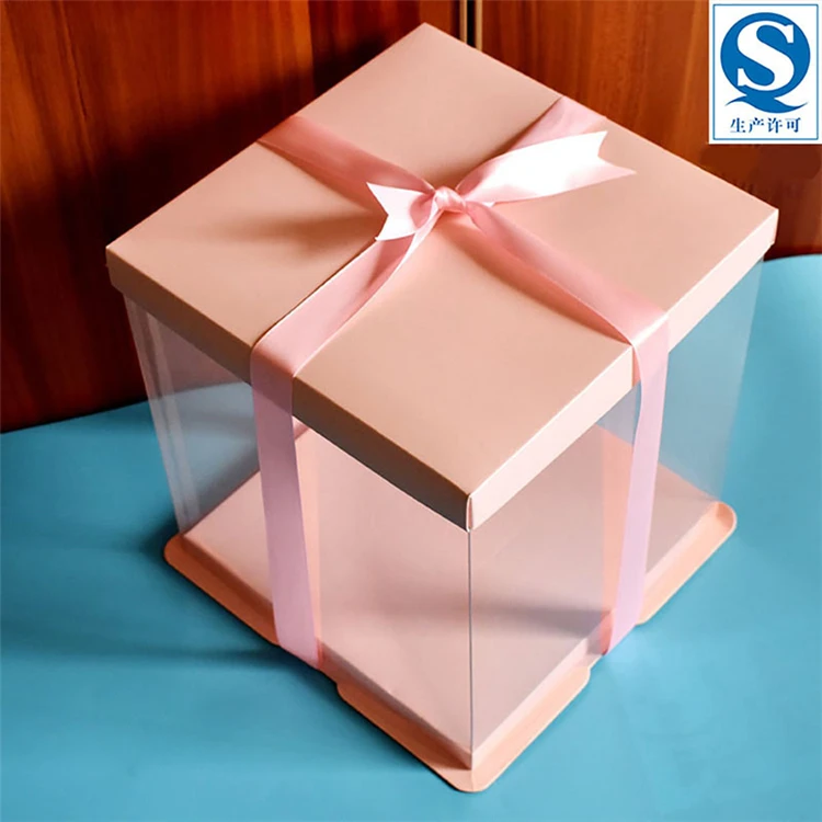 Wholesale 10 Inch Luxury Custom Pink Square Transparent Cake Box PVC PET Birthday Party Plastic Cake Box With Lid