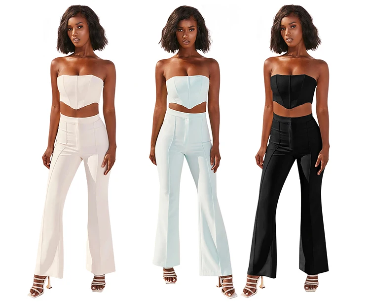  JillPeri Strapless Corset Crop Top and Flare Pants Sets Solid High Waist Women Sexy Outfit Elegant Casual Legging 2 Piece