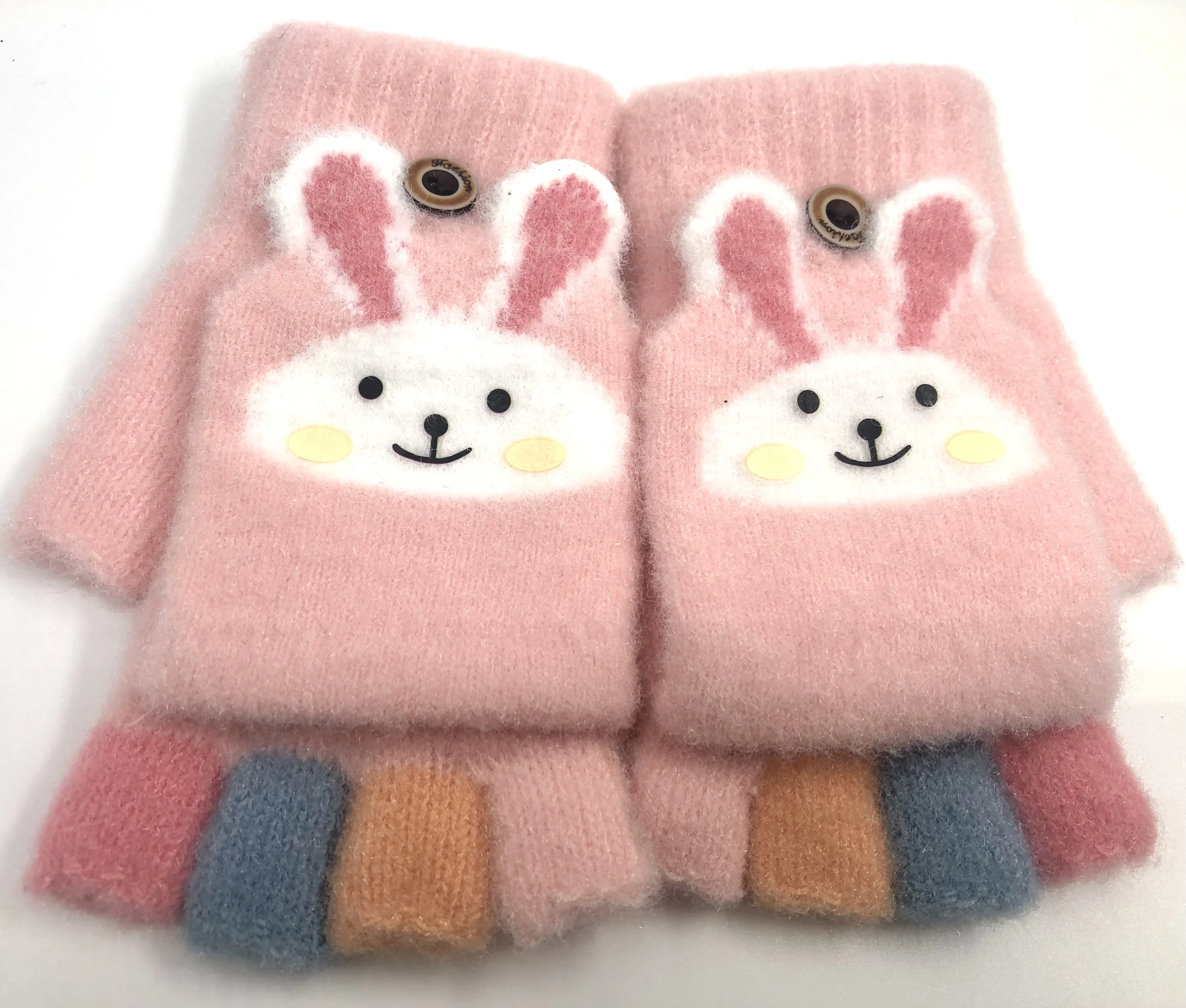 Factory Directly sale Half fingers with cap warm gloves ,cute rabbit jacquard gloves Low price Wholesale kids winter gloves