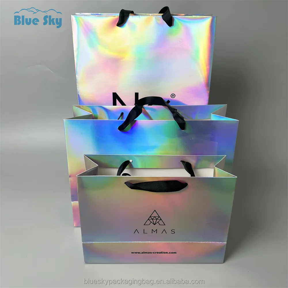China Hot Sale Manufacturer Holographic Valentines Day Cosmetic Packaging Slim Luxury Shopping Gift Paper Bag