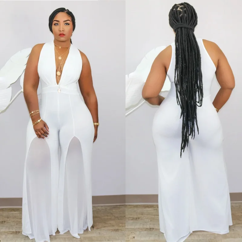 K2143  Summer Sexy V-Neck Halter Stitching Chiffon One Piece Wide Leg Pants Rompers Women Casual Plus Size Jumpsuit 2022