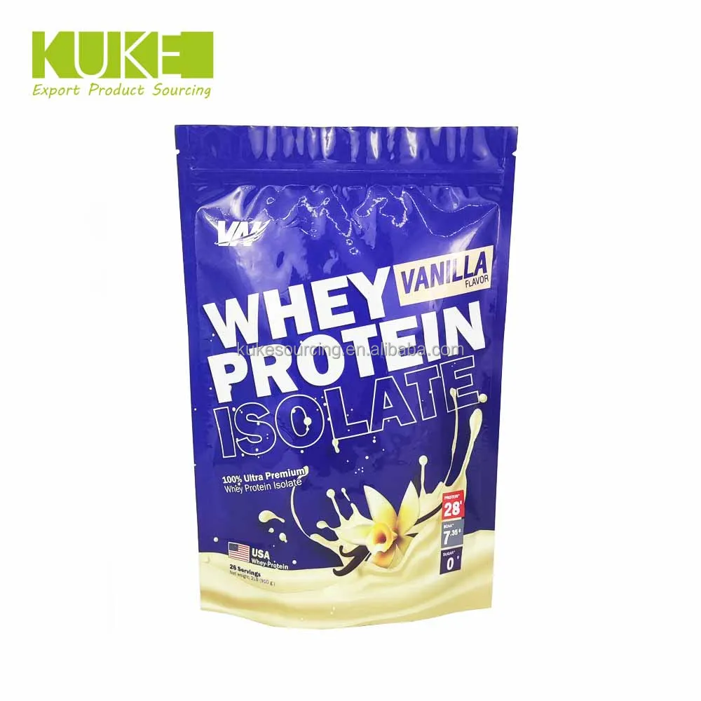 Custom reusable zipper metallic stand up mylar bag food packaging bag for whey protein powder