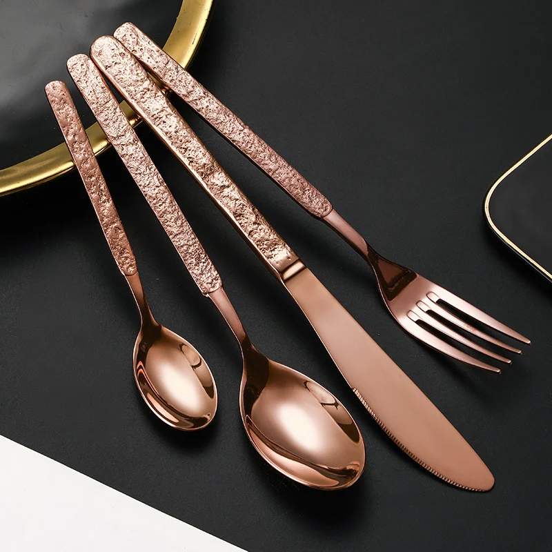New Reusable Stone Pattern Handle Stainless Steel Flatware Knife Fork Spoon Gold Silverware Restaurant Cutlery Set