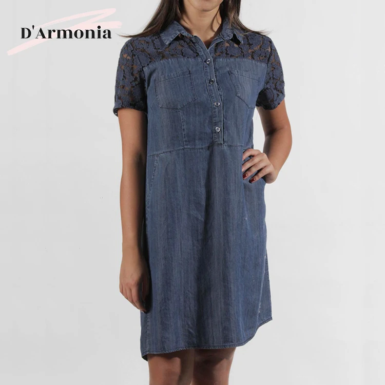 Wholesale Short Sleeve Lapel Casual Dress 100% Tencel Dark Blue Womens Dresses