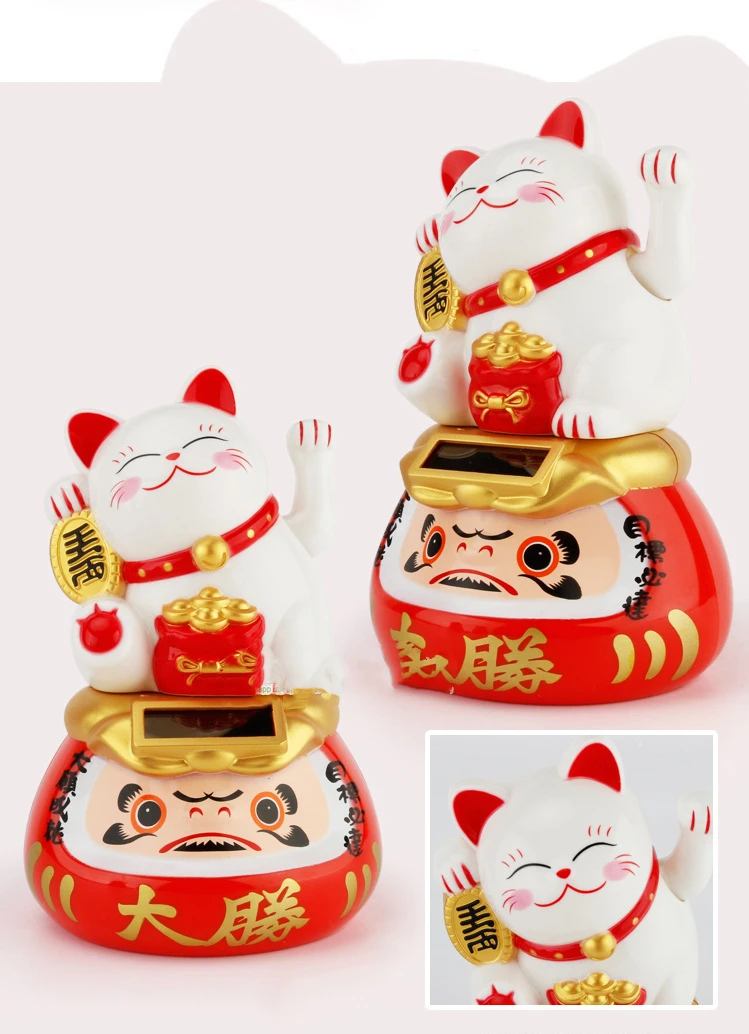 
Cute solar power Japanese Dharma Fortune Lucky Cat with Waving Arm 