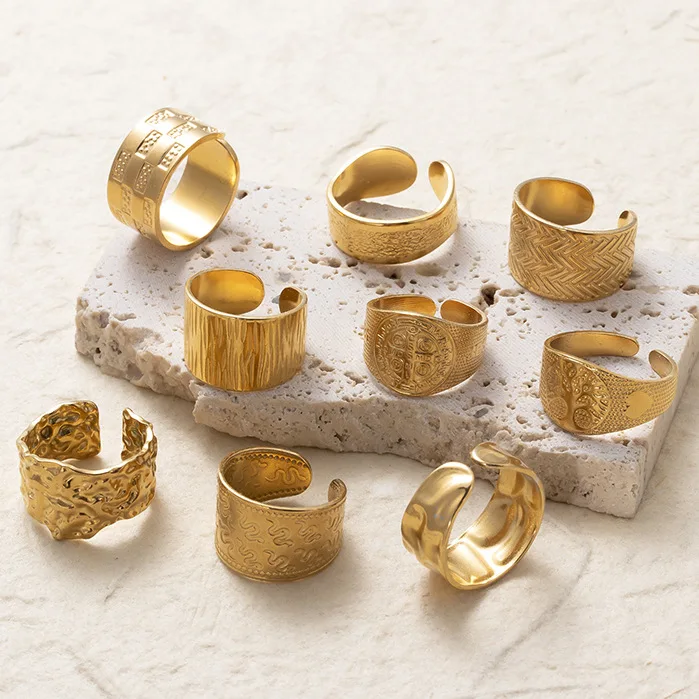 Chunky Dubai Gold Waterproof Wide Band Engraved Open Adjustable Ring 18K Gold Plated Punk Ring For Women Men