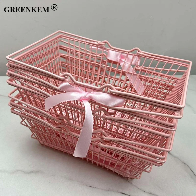 New 3 Styles Sizes Kawaii Pink Iron Art Mini Shopping Basket Cute Creative Photo Props Ornaments Home Decorative Storage Basket