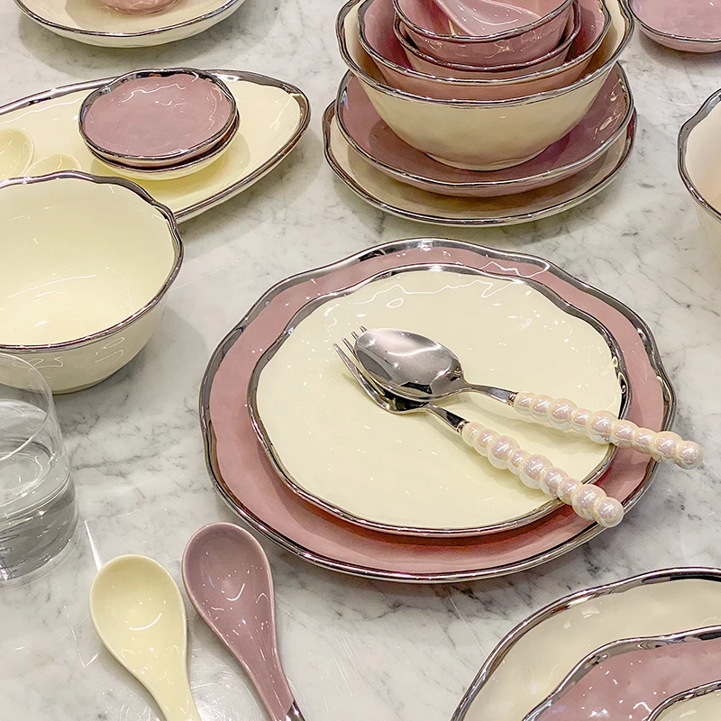 Chinese Porcelain Silver-edged Porcelain Tableware Cream-white Luxury Tableware Set Ceramic Soup Bowl Wedding Gift Plate