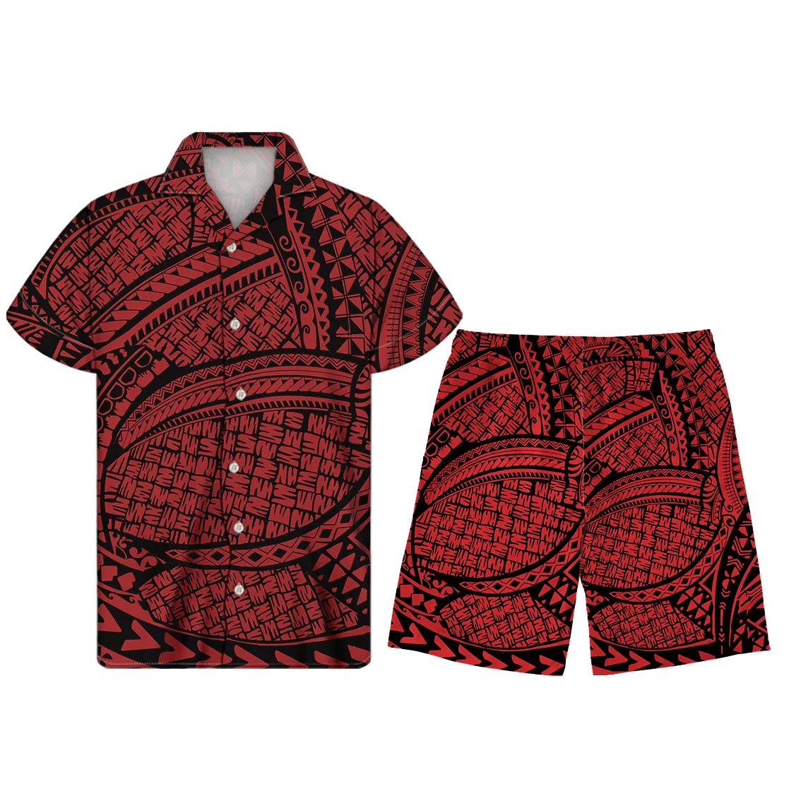 Summer Two piece Red Polynesian Tribal Style shirt and beach shorts pant set Custom Print Mens t Shirt beachwear Man men stylish