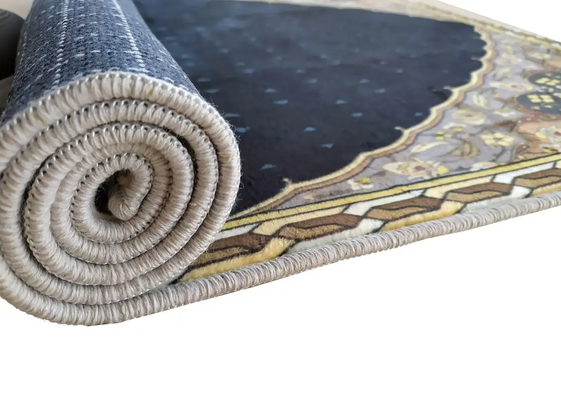 Luxury Dark Blue Musallah Thick Islamic Prayer Mat Washable Muslim Prayer Rug with Anti Slip Backing