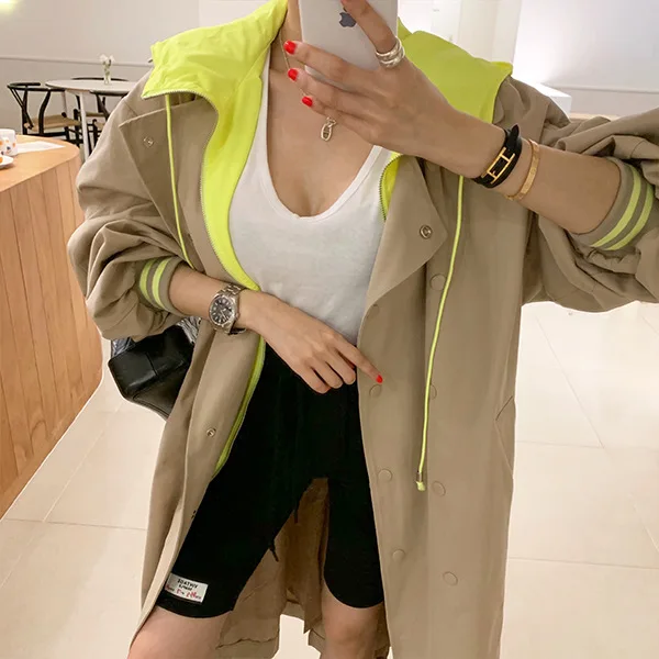 Hot Sale Fashion Ins New Fashion Temperament Contrast Stitching False Two-piece Hooded Double-breasted Coat and Long Windbreaker