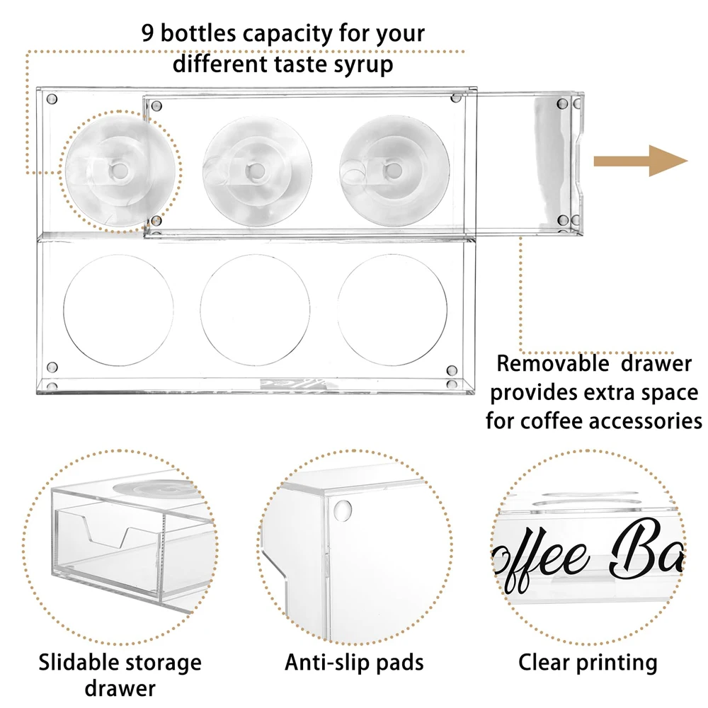 Countertop Clear Acrylic Coffee Syrup Organizer Stand Freestanding Coffee Syrup Rack with Drawer Liquor Bottle Holder