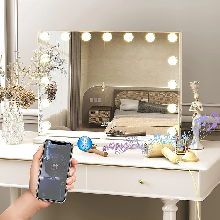 Frame Mirror 58x46cm With Light Mirror Cosmetic Tabletop Bluetooth Speaker Vanity Hollywood Makeup Mirror With LED