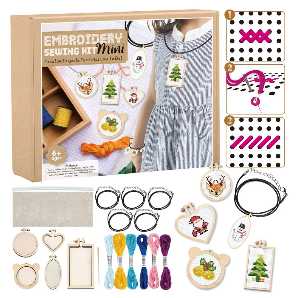 2024 DIY Embroidery Necklace Kit Mini Cross Stitch Kit With Hoop Instructions For Adults Kids