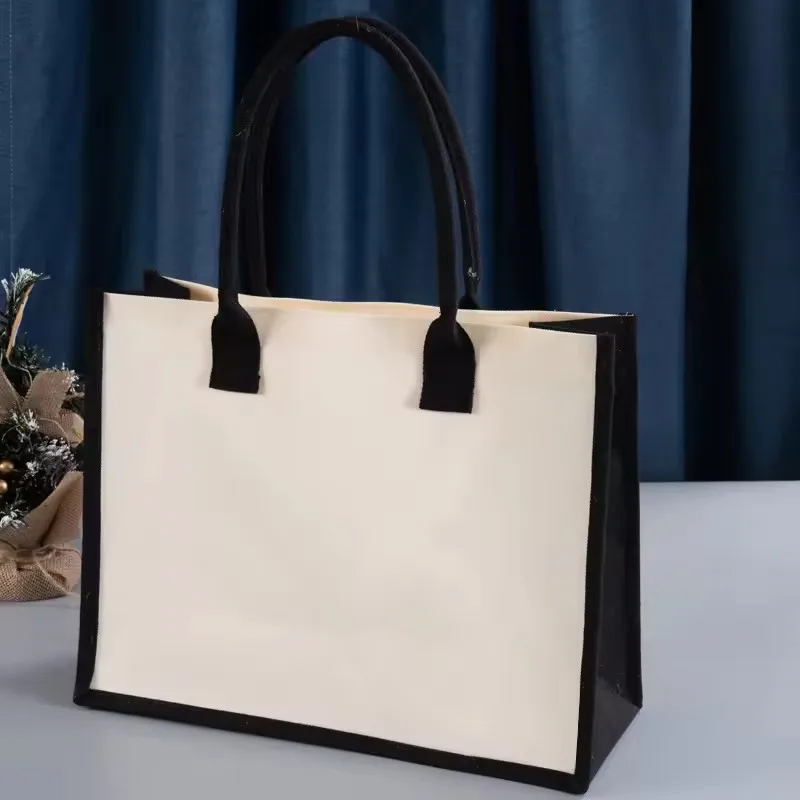 Black Beige Canvas Tote Bag with Thick Fabric and Padded Handle