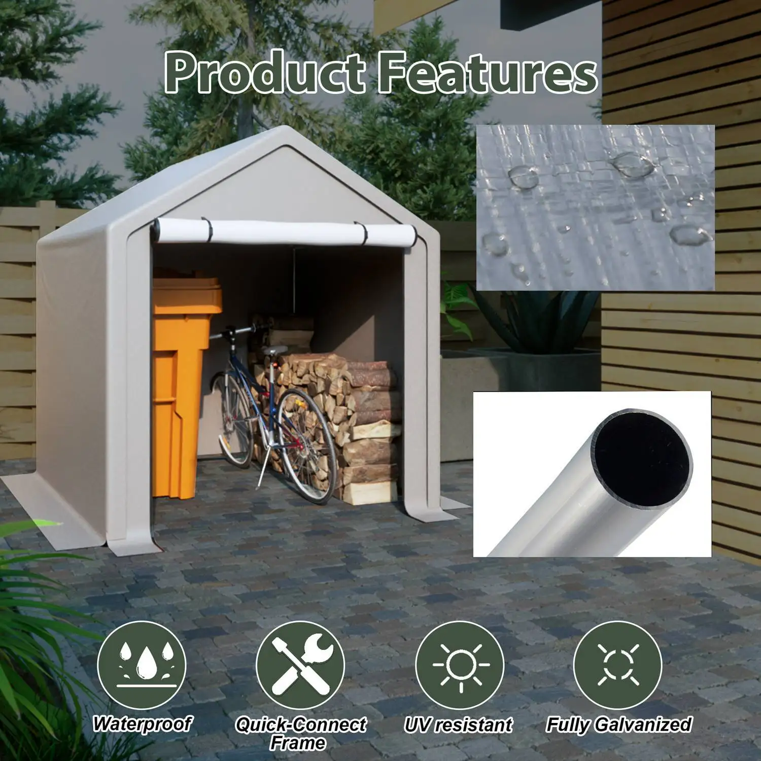 AJUNION 6.2x5.6ft Outdoor Storage Tent Metal Garden Bike Shed for Tools Firewood