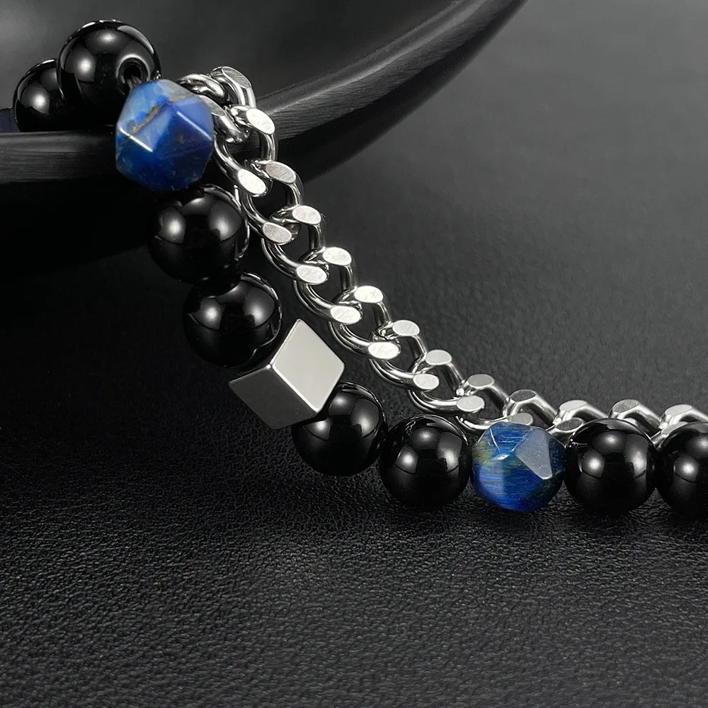Tendency Luxury Stainless Steel Natural Blue Tiger Eye Stone Bracelets Healing Crystal Bracelet For Men