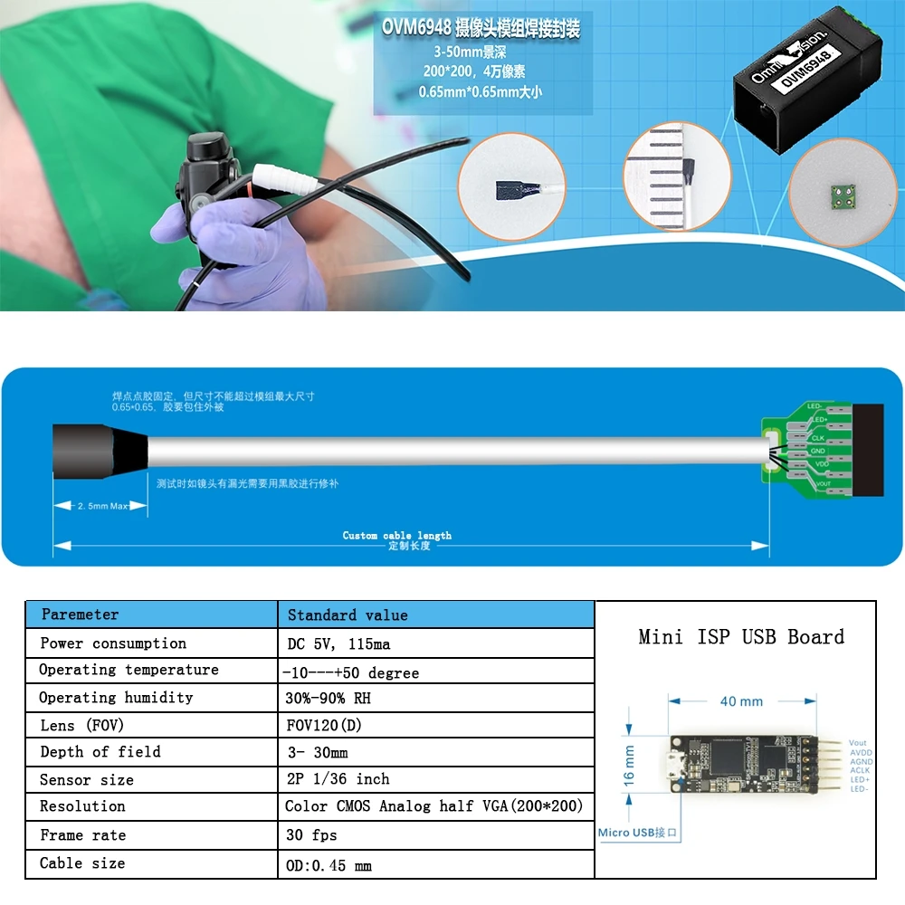 medical 1.6mm 1.7mm 2.0mm  endoscope camera module with LED ovm6946