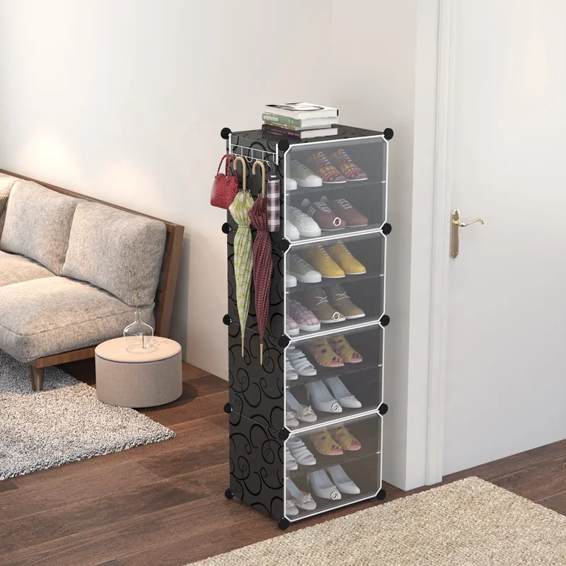 Front-opening transparent door 8 layer stackable cube storage plastic shoe rack for living room
