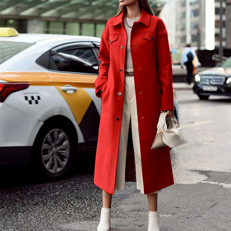 2022 fall elegance office long coats single-breasted lapel casual mid-length women woolen trench coat