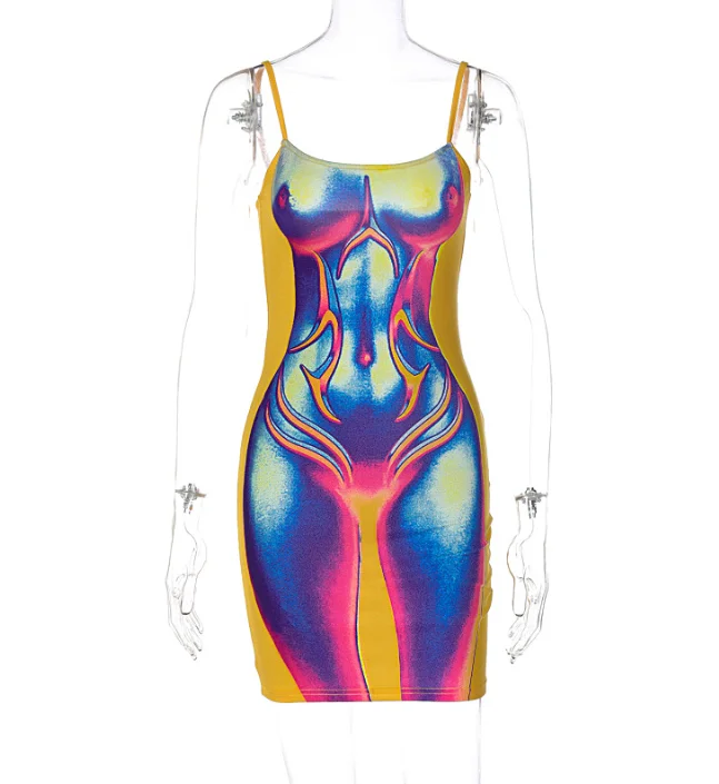 Sexy Club Night Wear Bodycon Short Dresses For Women 2023 Fashion Sleeveless Sling 3D Body Shape Print Slim Mini Dress Summer