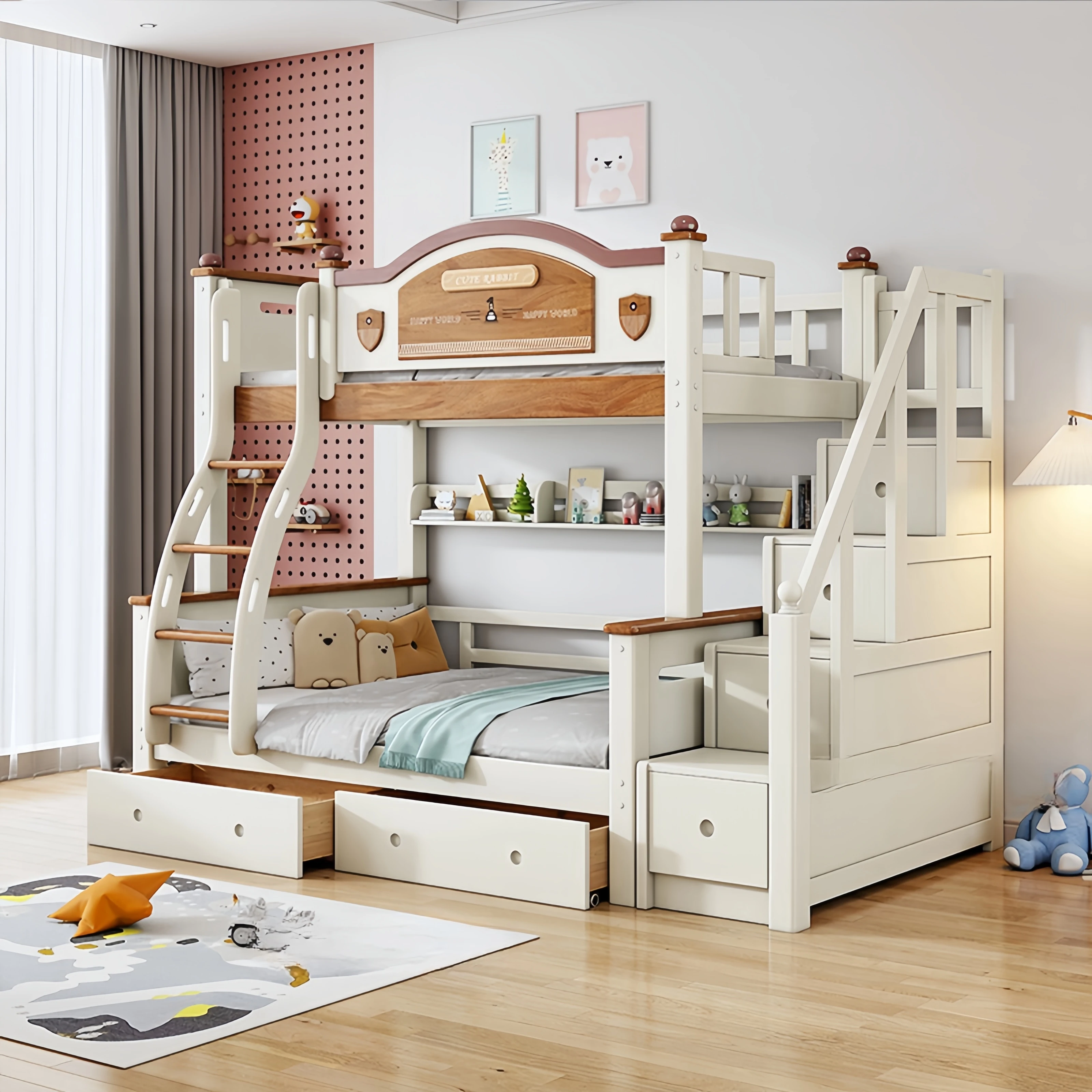 Space-Saving Solid Wood Bunk Bed A practical choice for bedrooms this high and low bunk bed features a two-story combination des