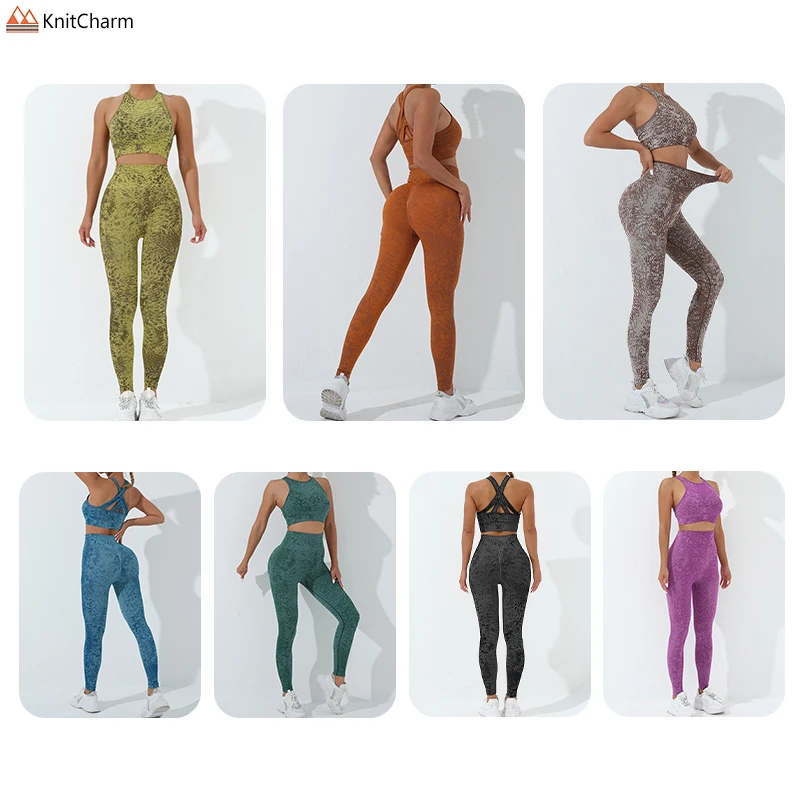 Seamless Sportswear Cation Jacquard Cross Back Full Support Gym Bra Yoga Sets High Rise Leggings Gym Wears for Ladies