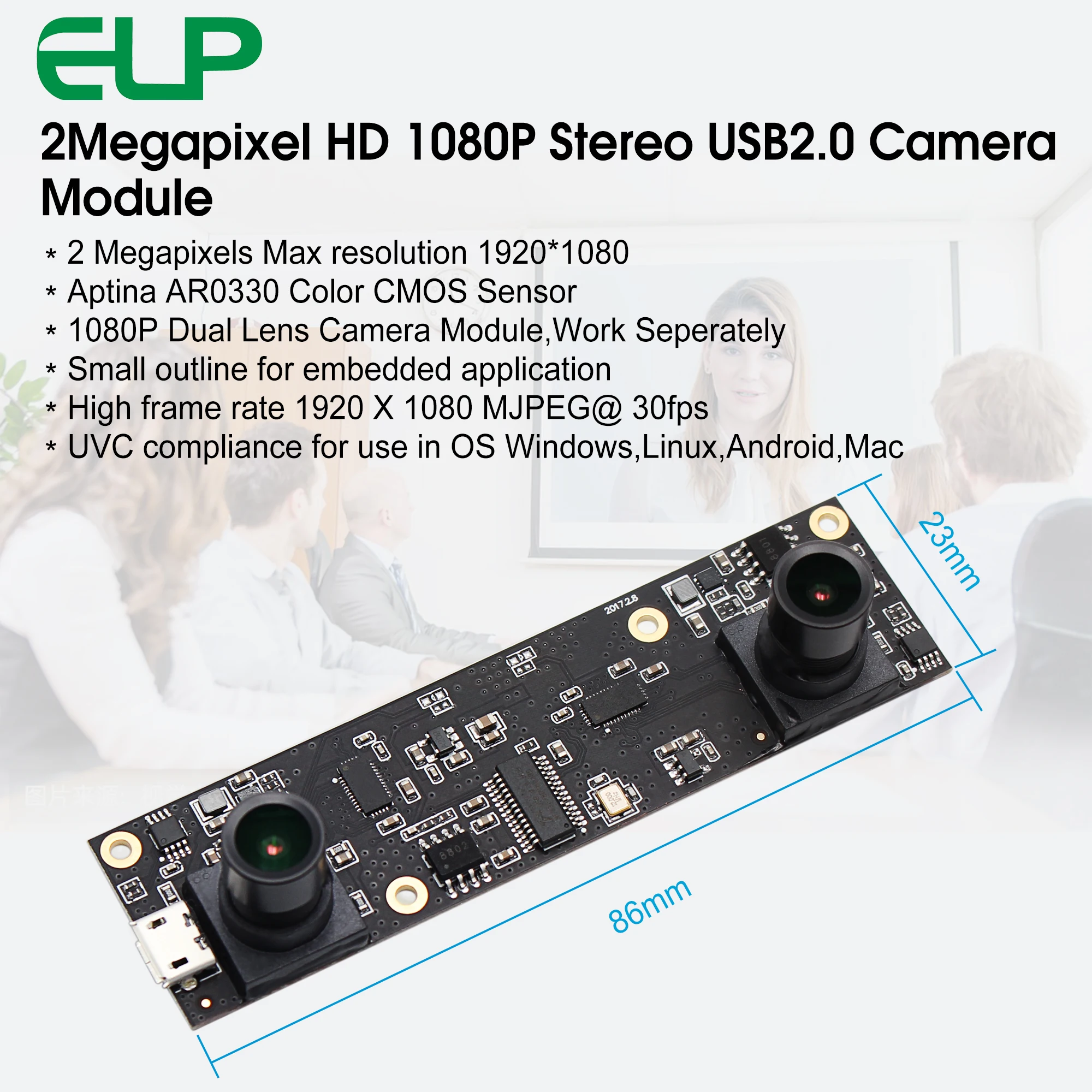 Модуль веб-камеры ELP 2MP 1920x1080 MJPEG 30fps Mini с двумя объективами USB AR0330 стереокамера объективом M9 90