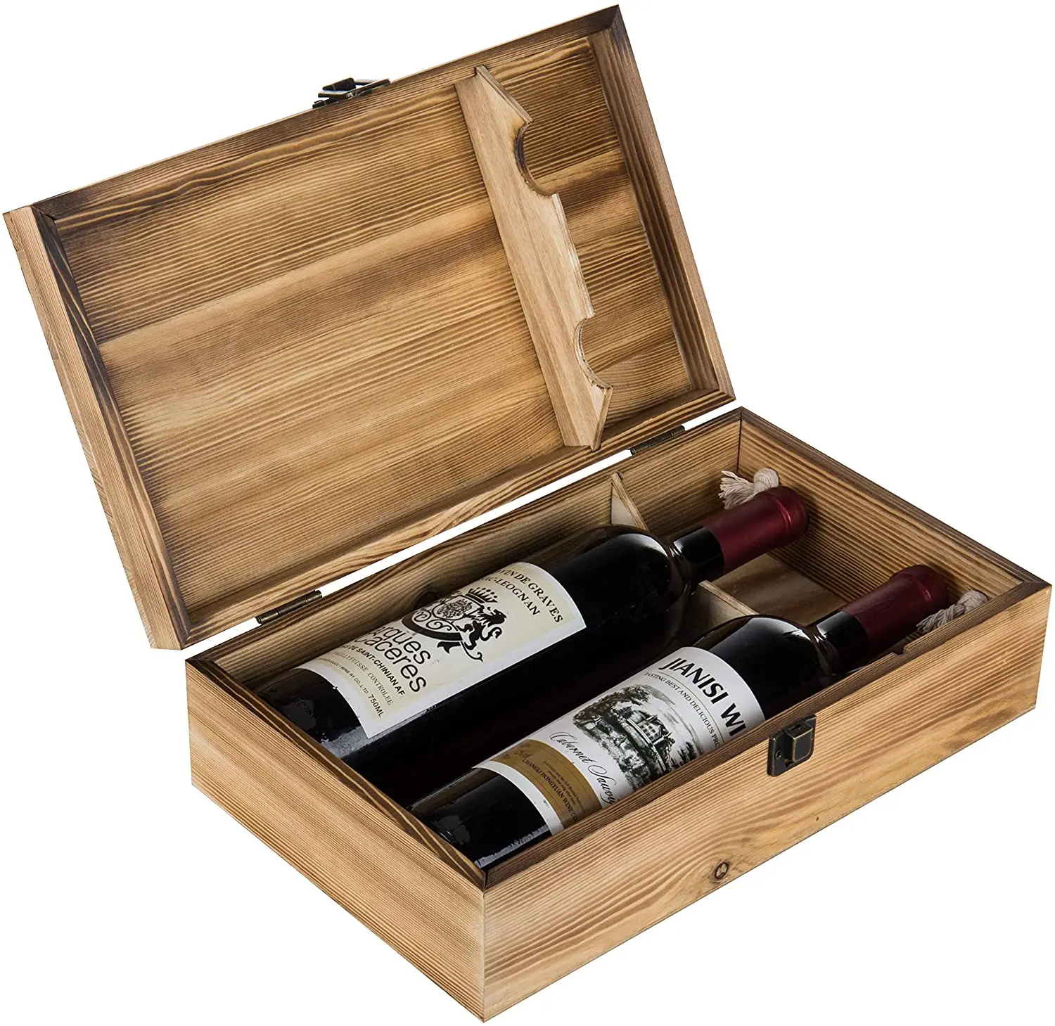 Promotional wooden box wine gift packaging box customized logo with handle for 2 bottles for home and party