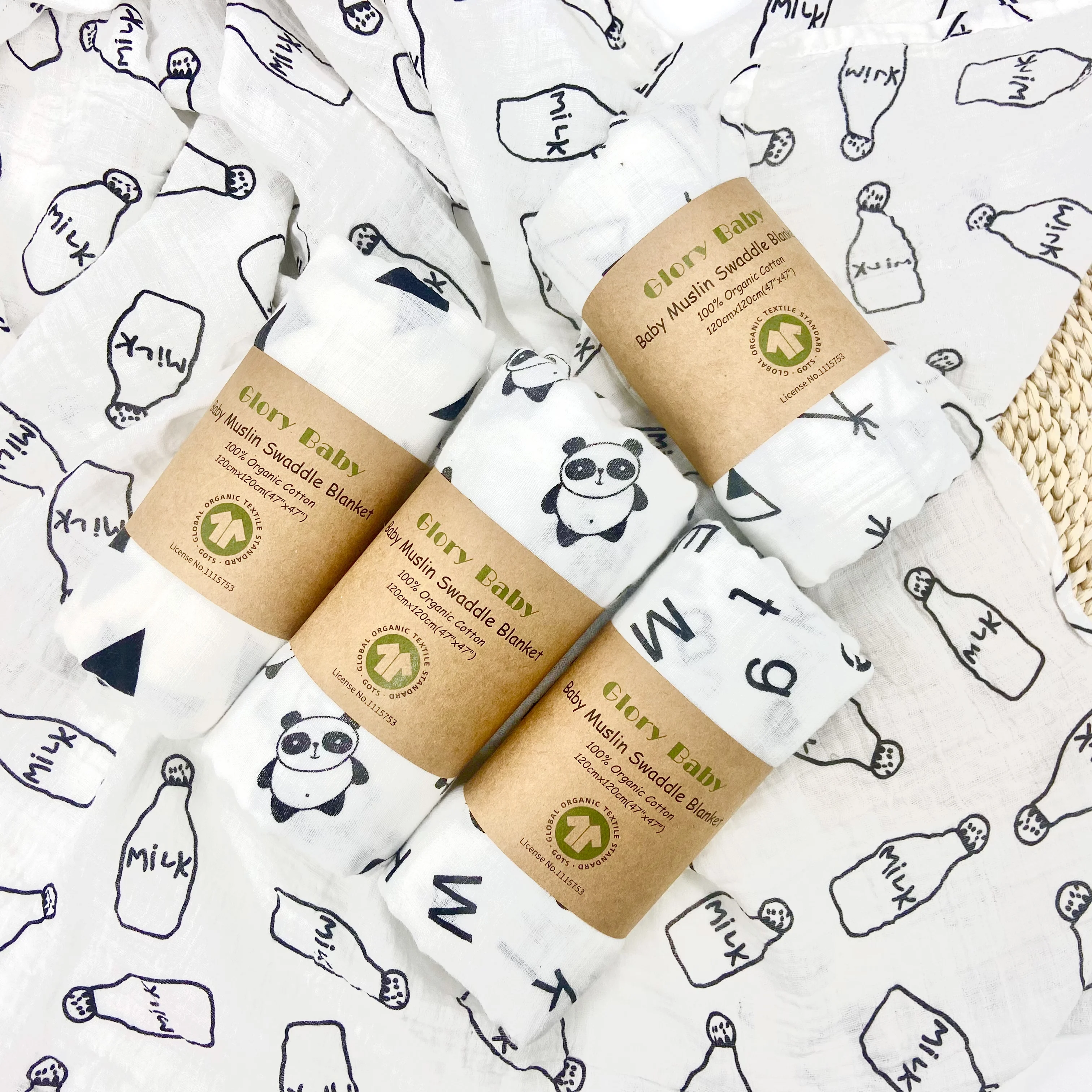 Wholesale Cute Animal Laves Printing 100% Organic Cotton Baby Muslin Wraps Swaddle Blankets Neutral Receiving Blanket