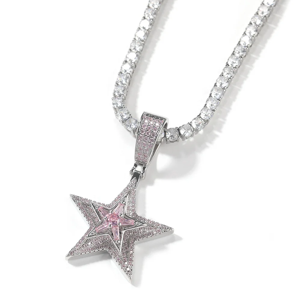 fashionable women men trend street jewelry iced out cz rotating pentagon purple pink diamond star pendant charm