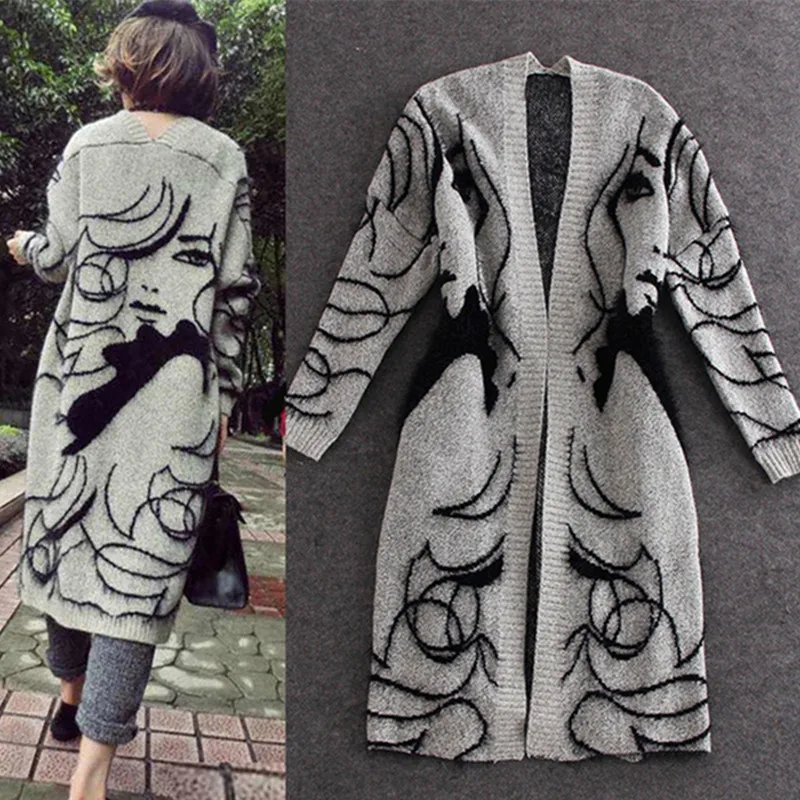 Wholesale Winter Thick Long Sleeve Over Knee Open Front Yarn Mohair Woman Cardigan Sweater Coat