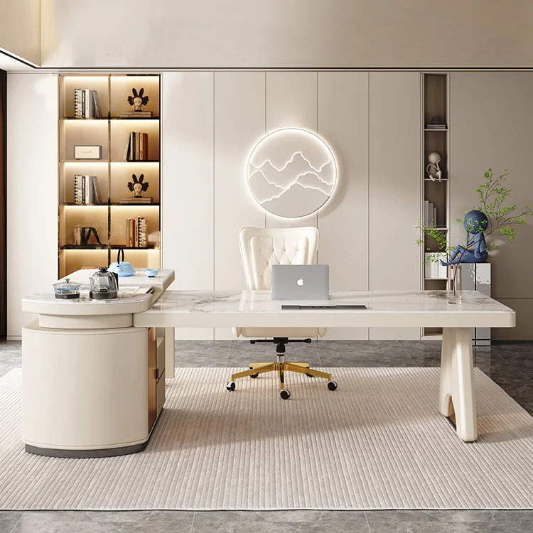 Extendable White Modern Sintered Stone Computer Desk  Modular Simple Manager Table Home Office Desk With Side Coffee Table
