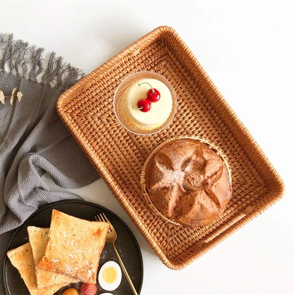 Restaurant Vietnam Trays Rectangular Woven Serving Wood Rattan Breakfast Tray