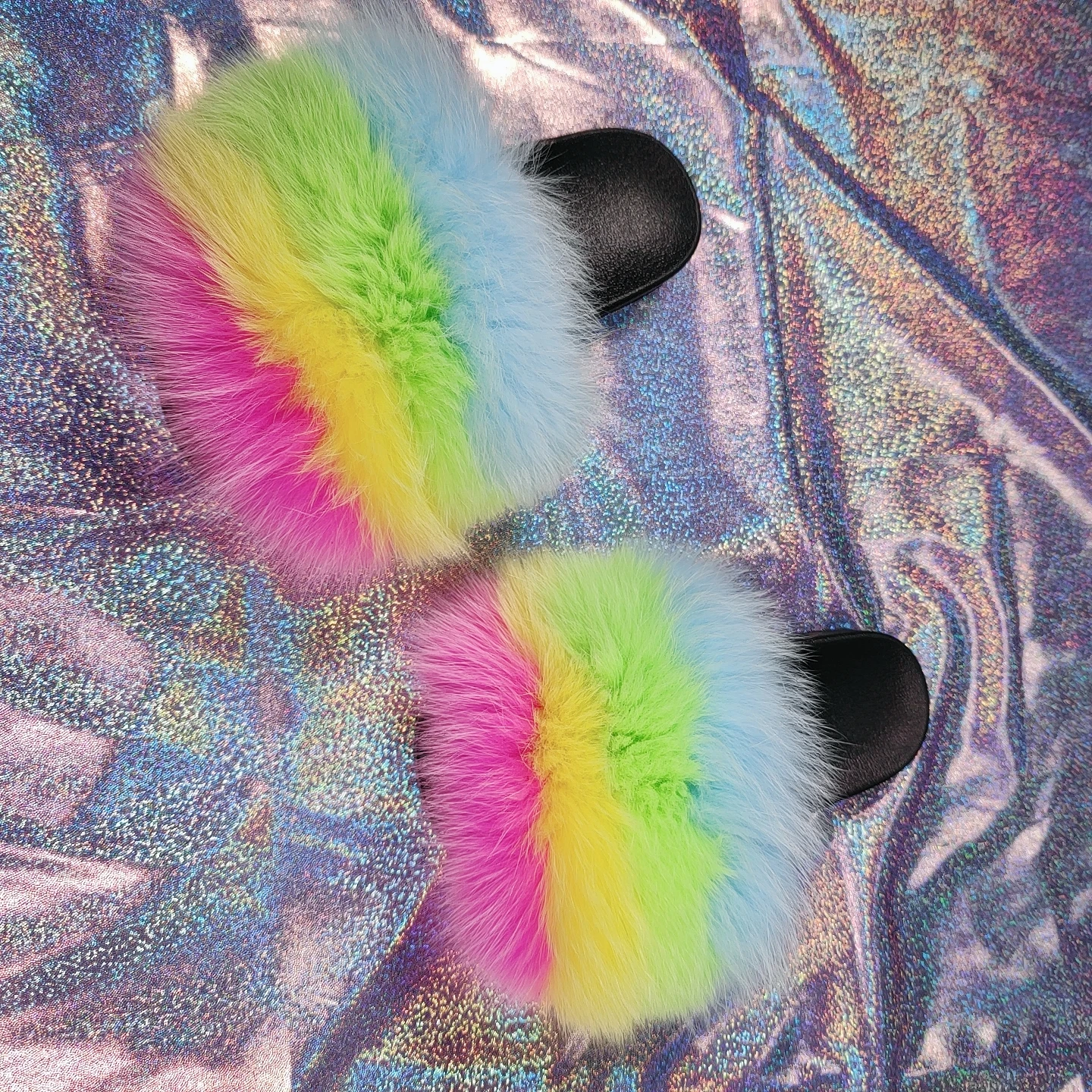 
Real fox fur slides slippers Spring Summer Fuzzy Slippers Open Toe Fur Slides 